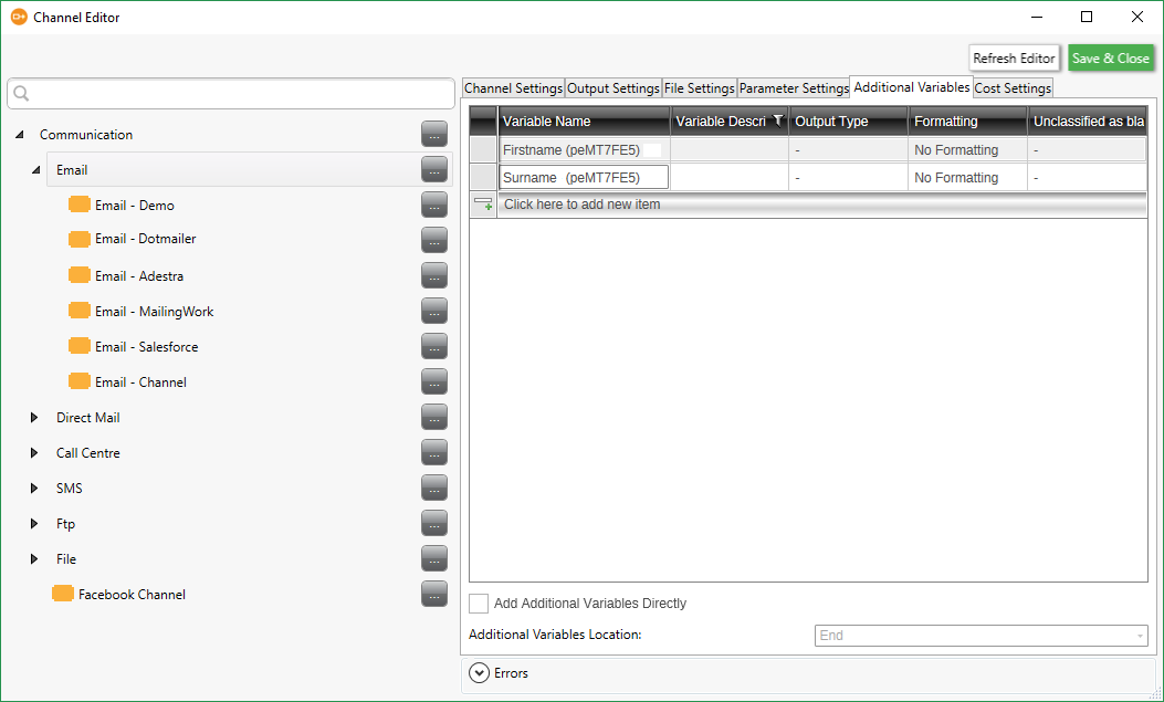 Channel Editor Additional Variables