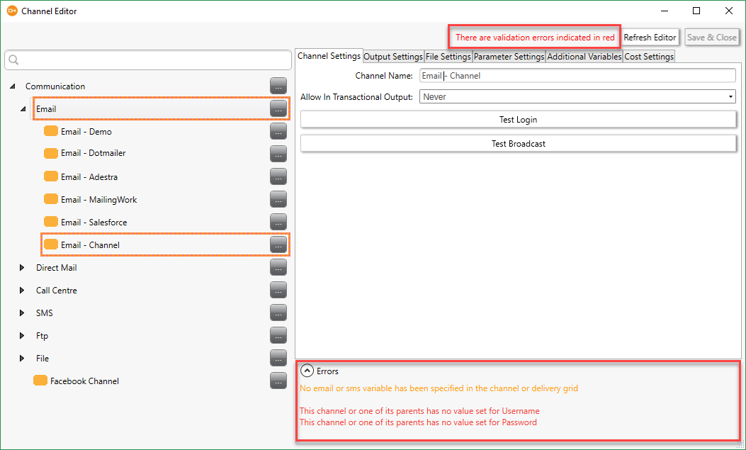 Channel Editor Channel Settings
