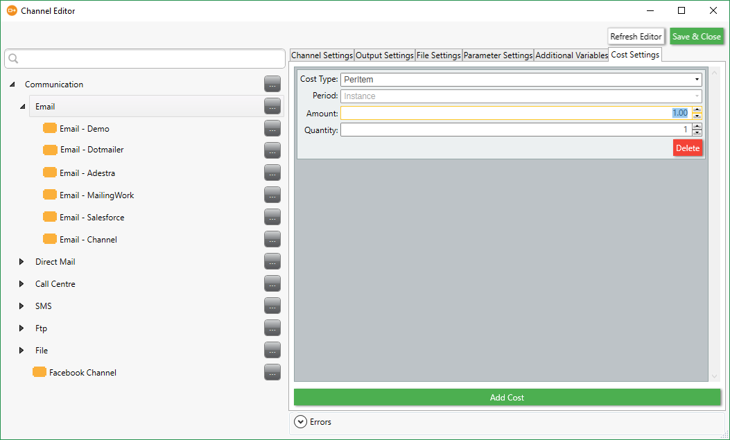 Channel Editor Cost Settings