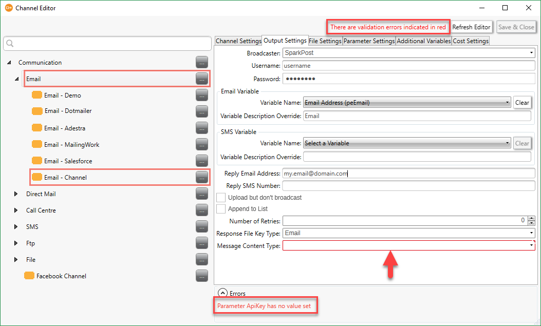 Channel Editor Output Settings