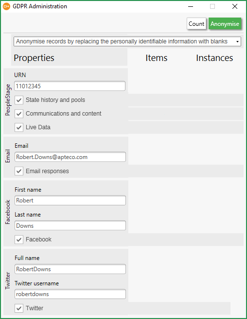 Example dialogue with identifying information completed