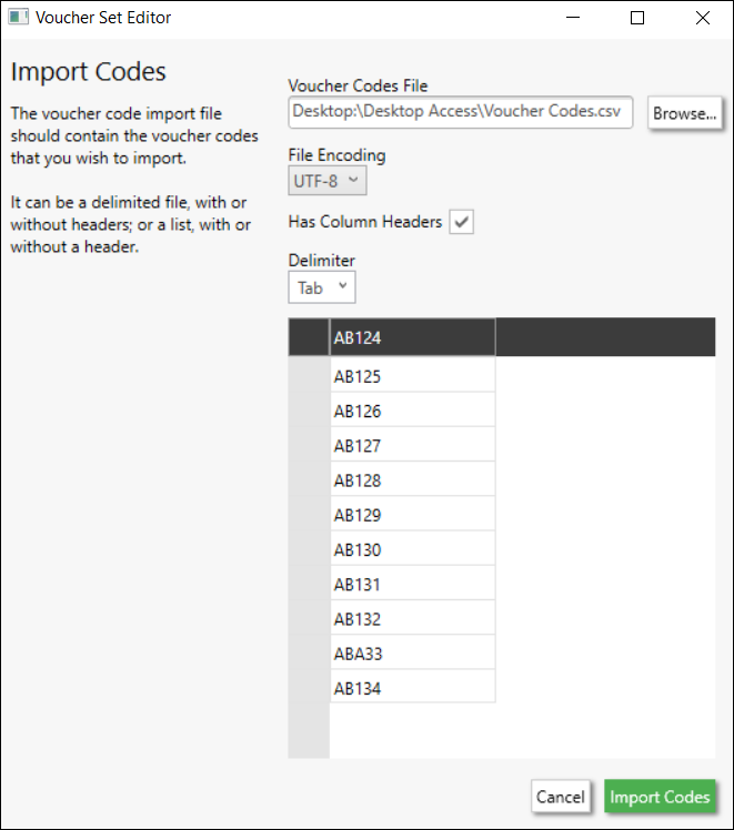 Voucher Set Editor Codes Preview