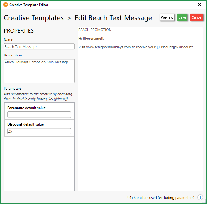 Creative Template Editor Message Area Creative Template Editor Message Area