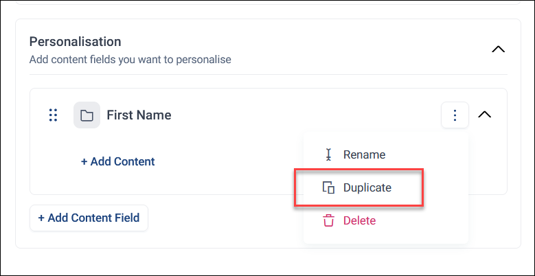 Duplicate content field Option menu on a content field, with Duplicate highlighted