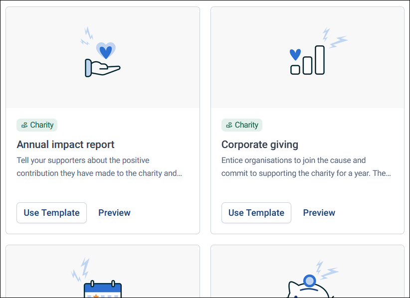 Charity templates Charity journey templates, including Annual impact report and Corporate giving, each with a Charity badge