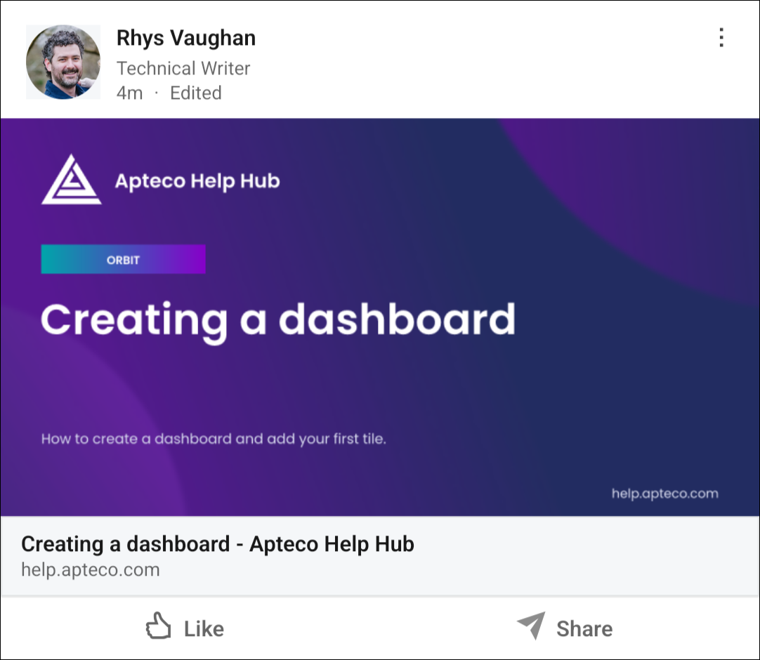 Help Hub social card LinkedIn post with a Help Hub social card for Creating a dashboard, showing the Orbit product label, the page title, and its description