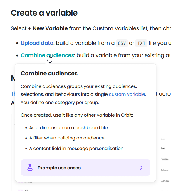 Link preview Link preview of the Combine audiences page, opened by hovering over its link on the Custom variables page