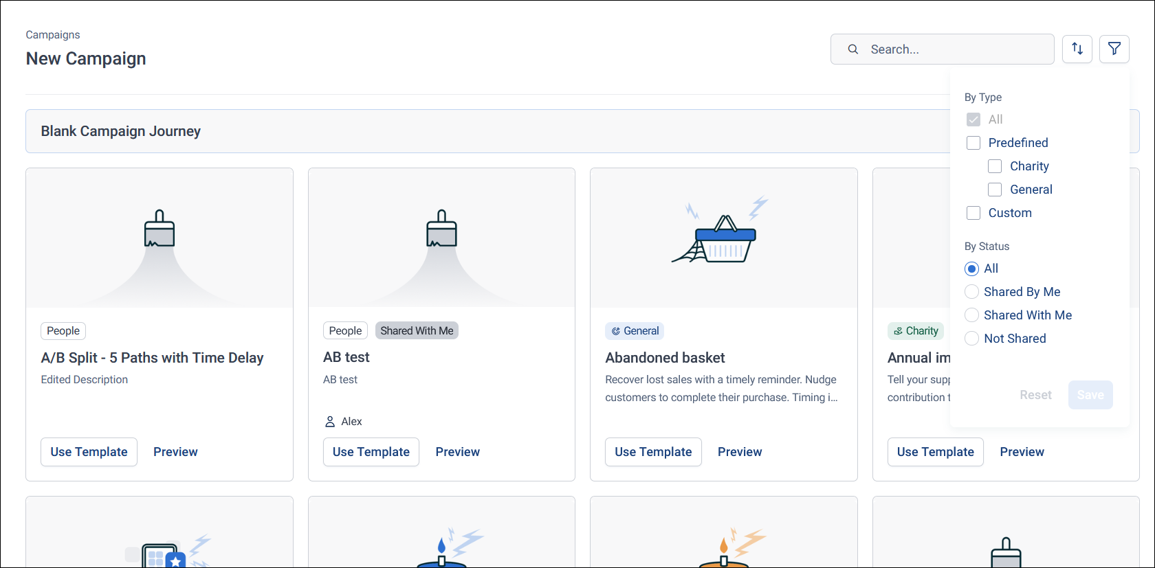 Campaign template gallery New Campaign dialog with the filter open, showing custom templates with People and Shared With Me badges, and predefined templates with General and Charity badges
