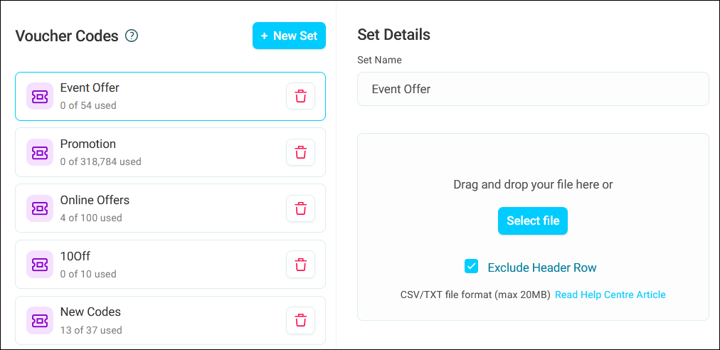 Voucher code sets