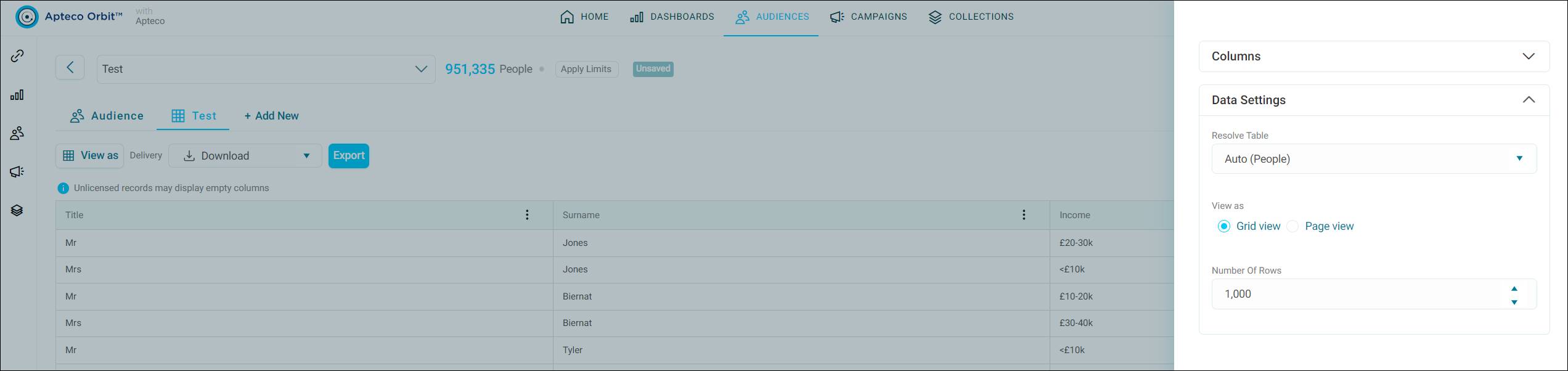 Show rows data grid transactions