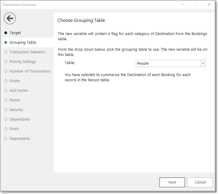 Transaction Summary Wizard: Grouping Table